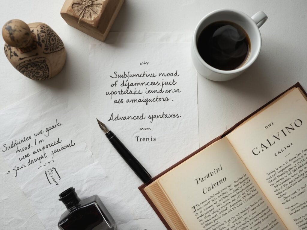 Flat lay artistico fogli scritti a mano con congiuntivo e sintassi avanzata una penna stilografica un libro di Pasolini o Calvino una tazza di caffe e una piccola scul