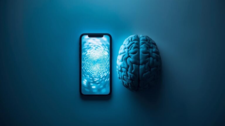 Flat lay concettuale uno smartphone che emette una luce blu fredda circondato da icone di app sfocate e ripetitive. Accanto un cervello st 1