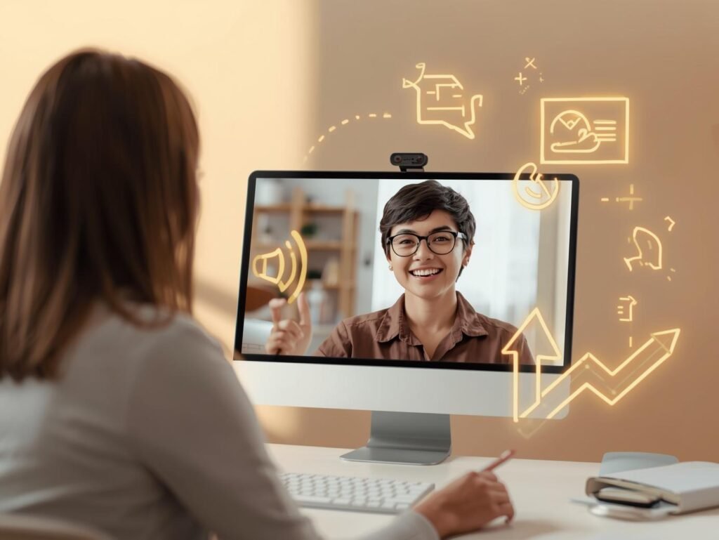 Professional modern photo teacher and learner in a video call surrounded by icons of speaking practice correction notes and progress arrows. Clean contemporary aesthe