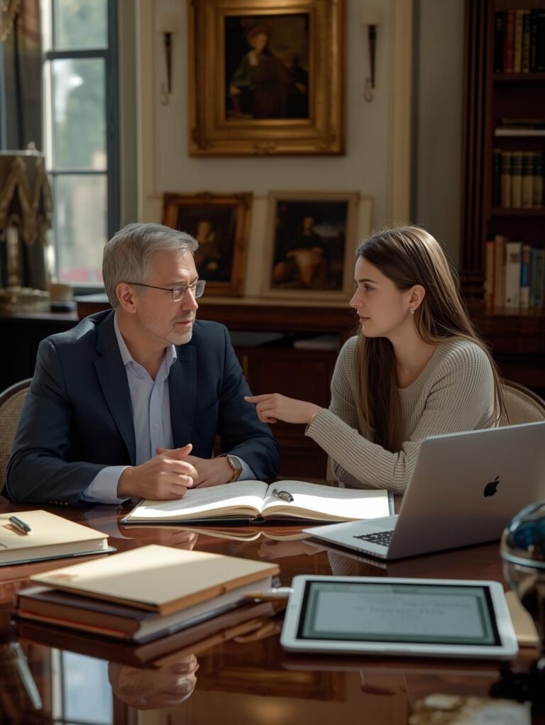 Uninsegnante e uno studente in un elegante ambiente moderno intorno a un tavolo con testi di letteratura italiana stampe artistiche e un l 1