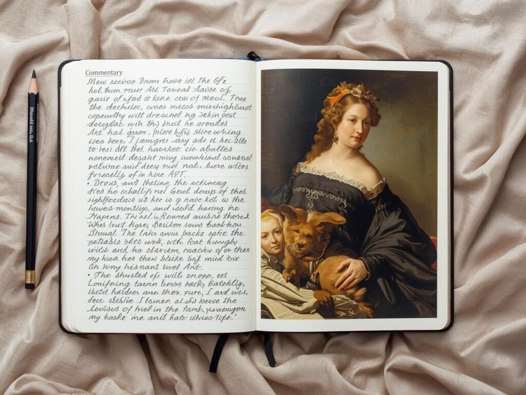 Flat lay of a notebook with art comments a pencil a reproduction of a classic painting elegant arrangement