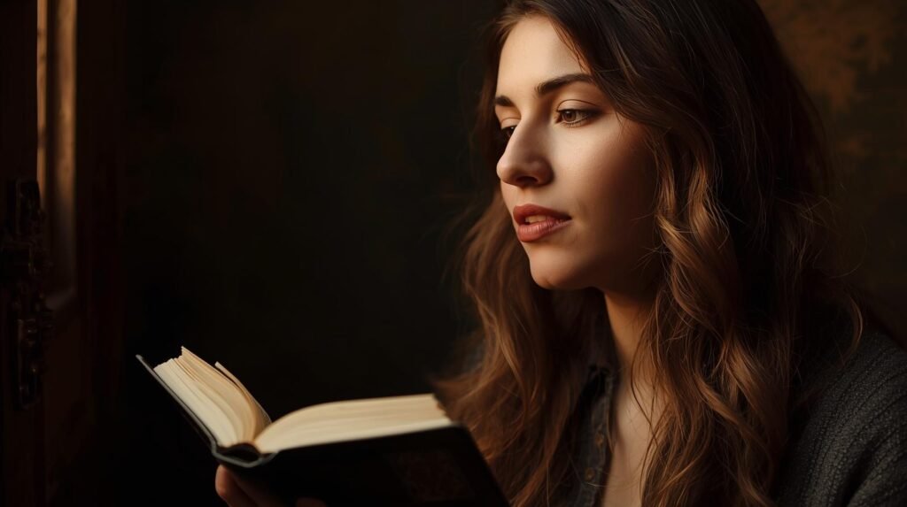 portrait of a thoughtful Italian speaker reading aloud from a book 1