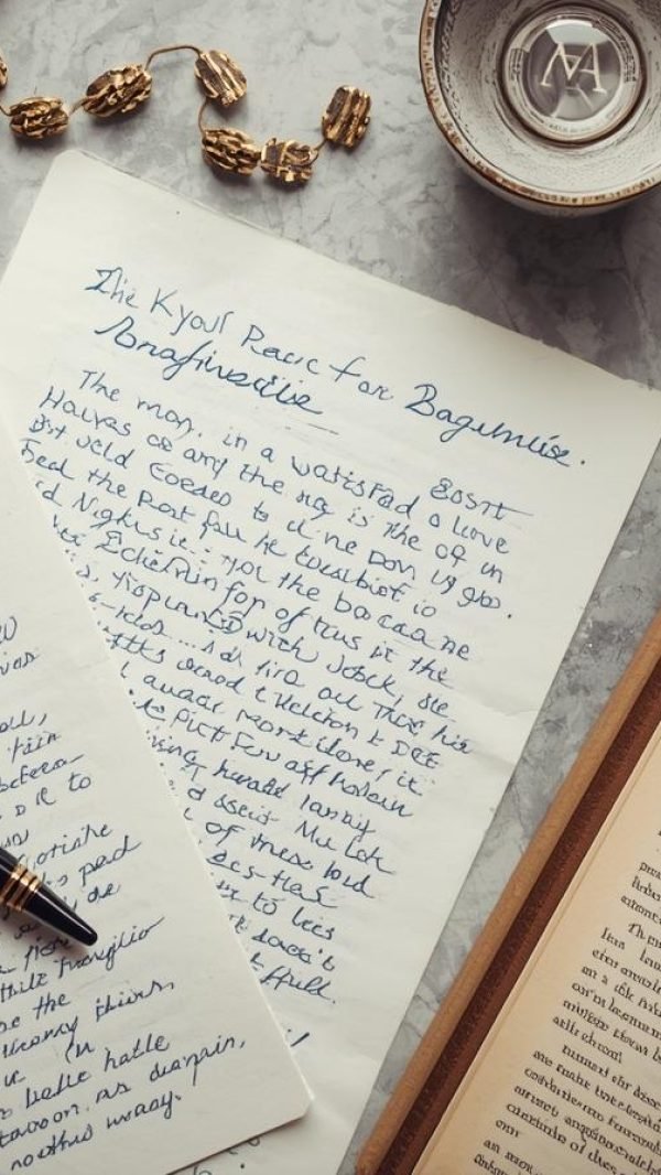 Künstlerisches Flat Lay: handgeschriebene Blätter mit Konjunktiv und fortgeschrittener Syntax, ein Füllfederhalter, ein Buch von Pasolini oder Calvino, eine Tasse