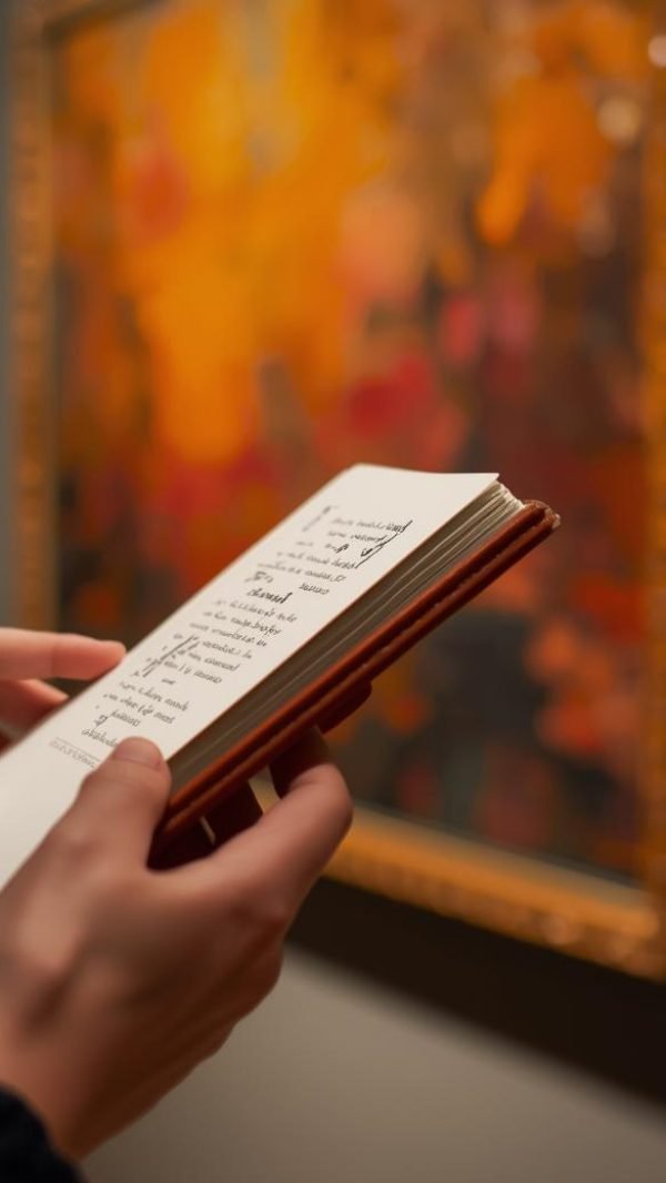 “Hand holding a small art sketchbook, looking at a painting, blurred gallery background, refined tones.”