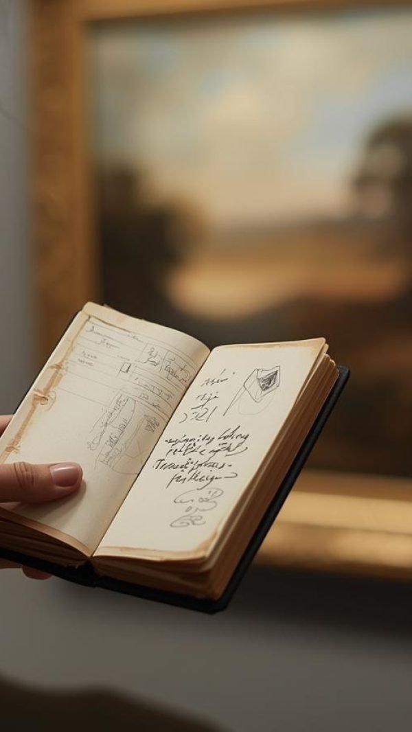 “Hand holding a small art sketchbook, looking at a painting, blurred gallery background, refined tones.” (2)