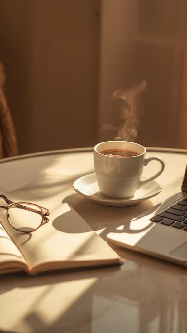 Italian-style coffee table with espresso, notebook, glasses