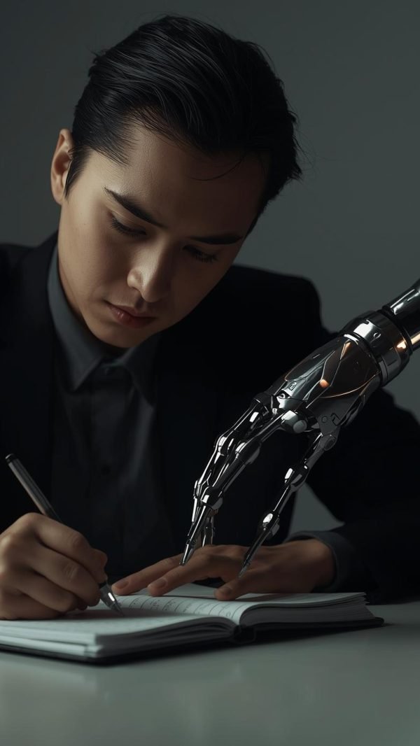 Person, die versucht, einen komplexen Text in ein Notizbuch zu schreiben, aber ein Roboterarm (Symbol der passiven KI) versucht, den Stift zu nehmen und macht