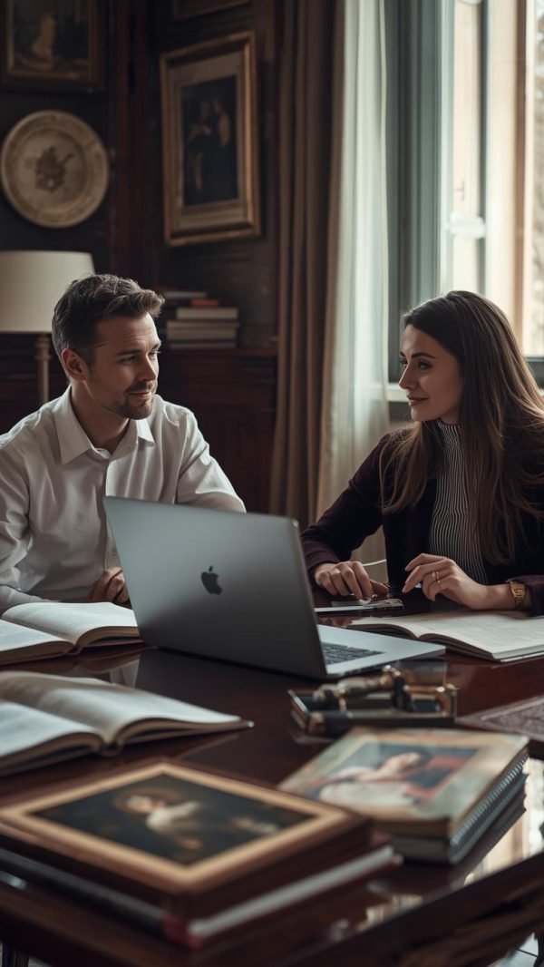 Eine Lehrerin und ein Student in einer eleganten, modernen Umgebung, um einen Tisch mit Texten italienischer Literatur, Kunstdrucken und einem Laptop